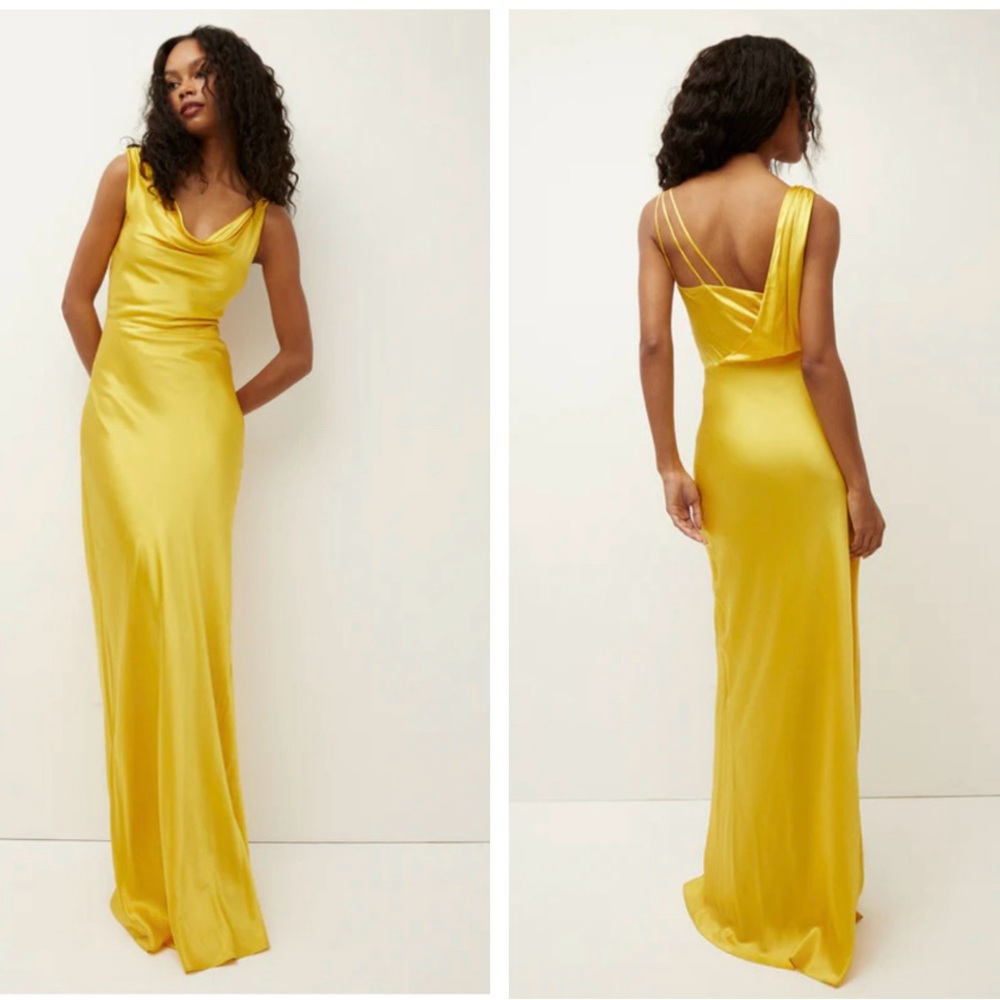 Veronica Beard Yellow Satin Cowl Neck Maxi Dress